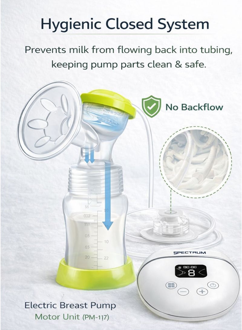 Spectrum Electric Breast Pump PM-117 USB Type-C Rechargeable Single Milk Pump for Nursing & Breastfeeding Moms 5 Massage Levels & 9 Suction Levels Soft Silicone Breast Shield Cushion Anti-Backflow Hygienic Closed System LCD Digital Display Touch Control Portable, Quiet, Lightweight BPA-Free PP Baby Bottle 180ml (6oz) with Stand Easy to Clean for Home, Travel, Working Mothers Pumping & Milk Storage - Image 3